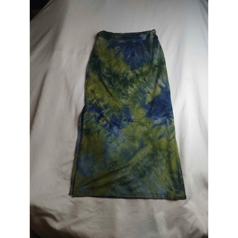 Sundry Green Blue Tie Dye Maxi Skirt Side Slit Stretch Jersey Womens Size 0